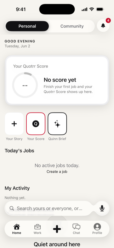 The Quotrr iOS app home screen showing the day's jobs, pending proposals, and the Quotrr Score.